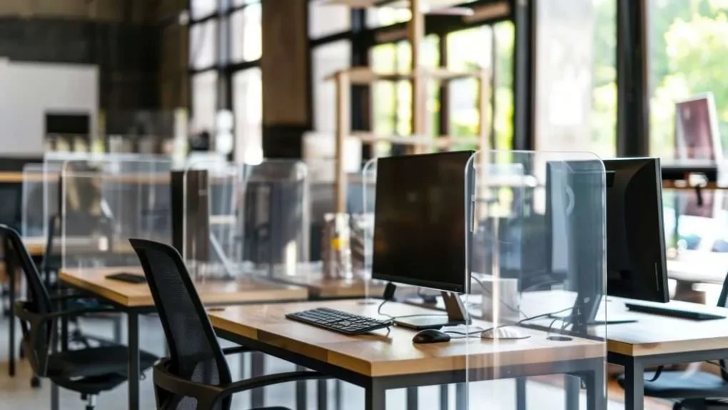 Protective screen sneeze guards between computer desks in a school