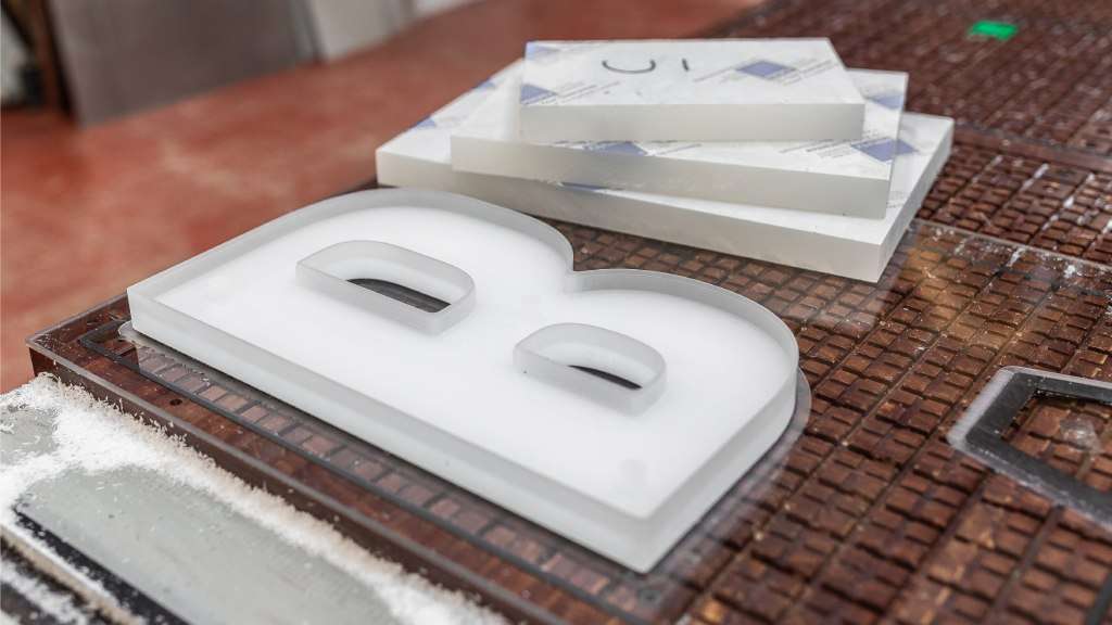 The letter B crafted from plastic using a cnc machine